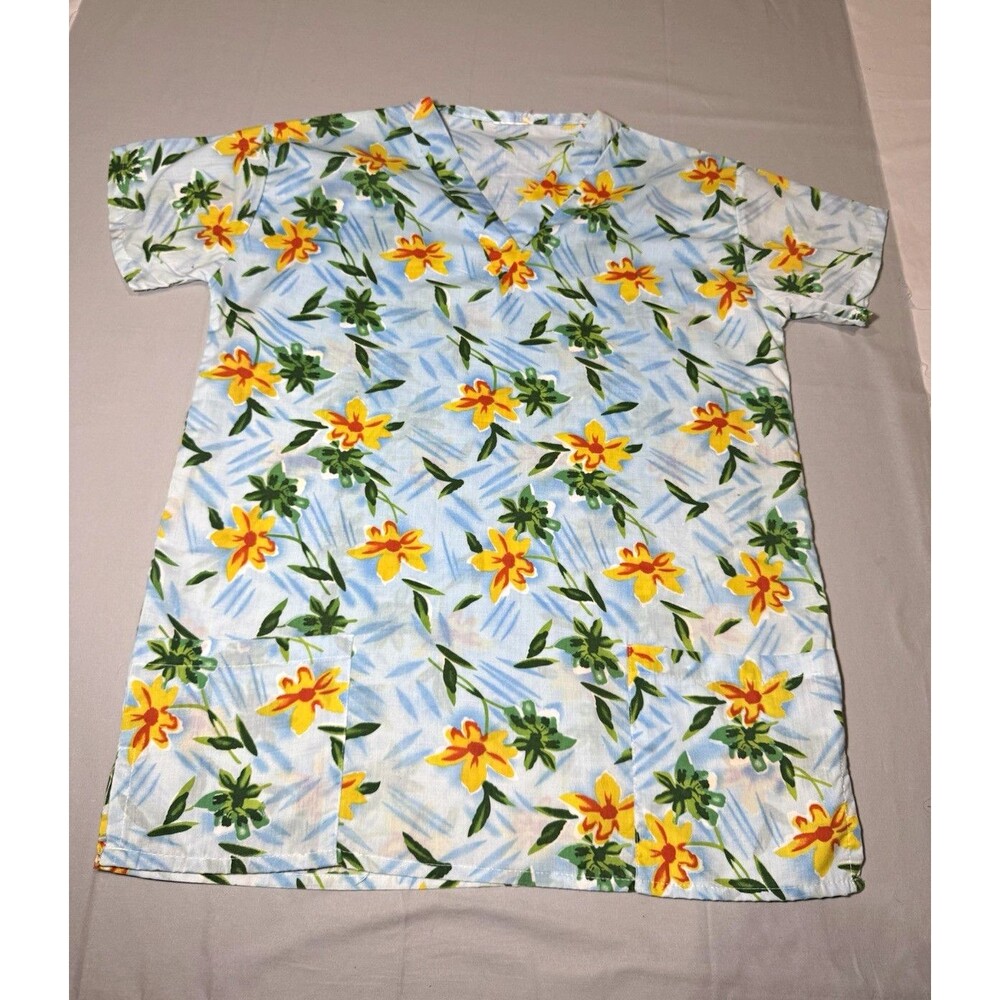 Women’s M V-Neck Wrap Scrub Top Cotton Floral Light Blue Multicolor Pockets